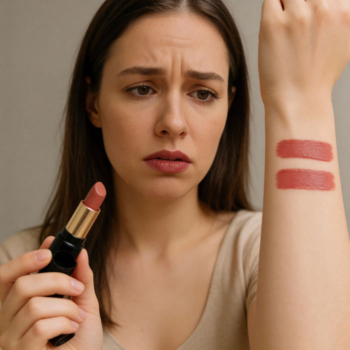 Femme déçue par des teintes de rouge à lèvres